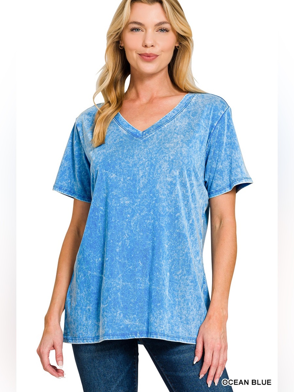 Zenana WASHED SHORT SLEEVE V-NECK TOP
